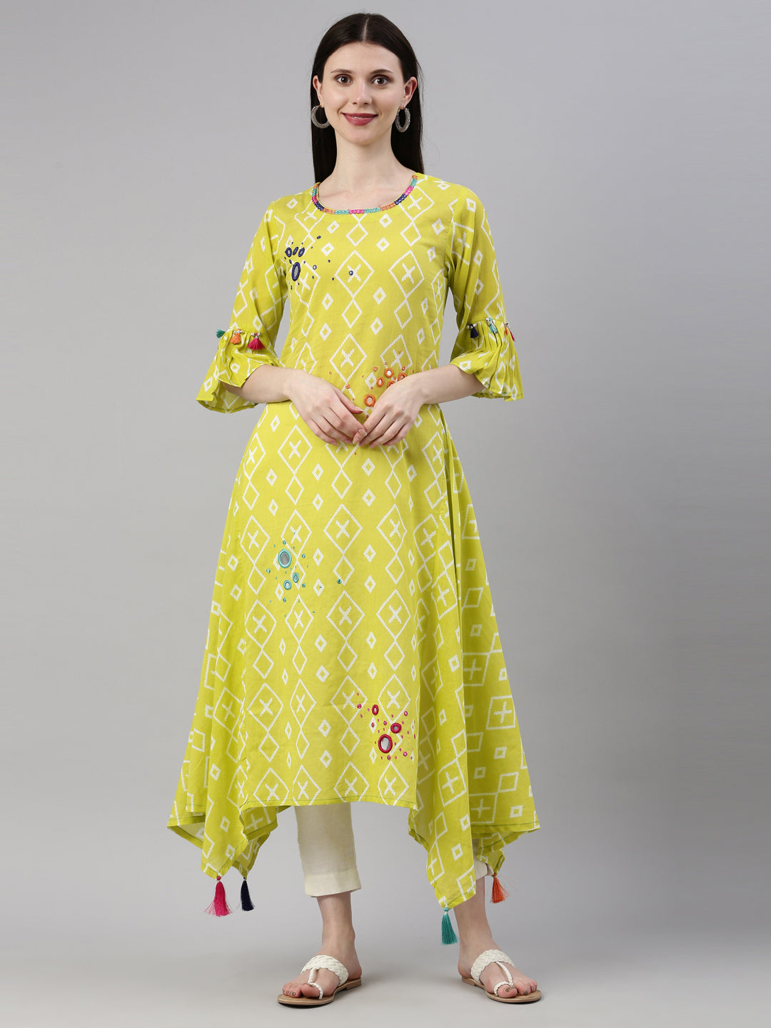 Neerus Lemon Color Mulmul Fabric Kurta