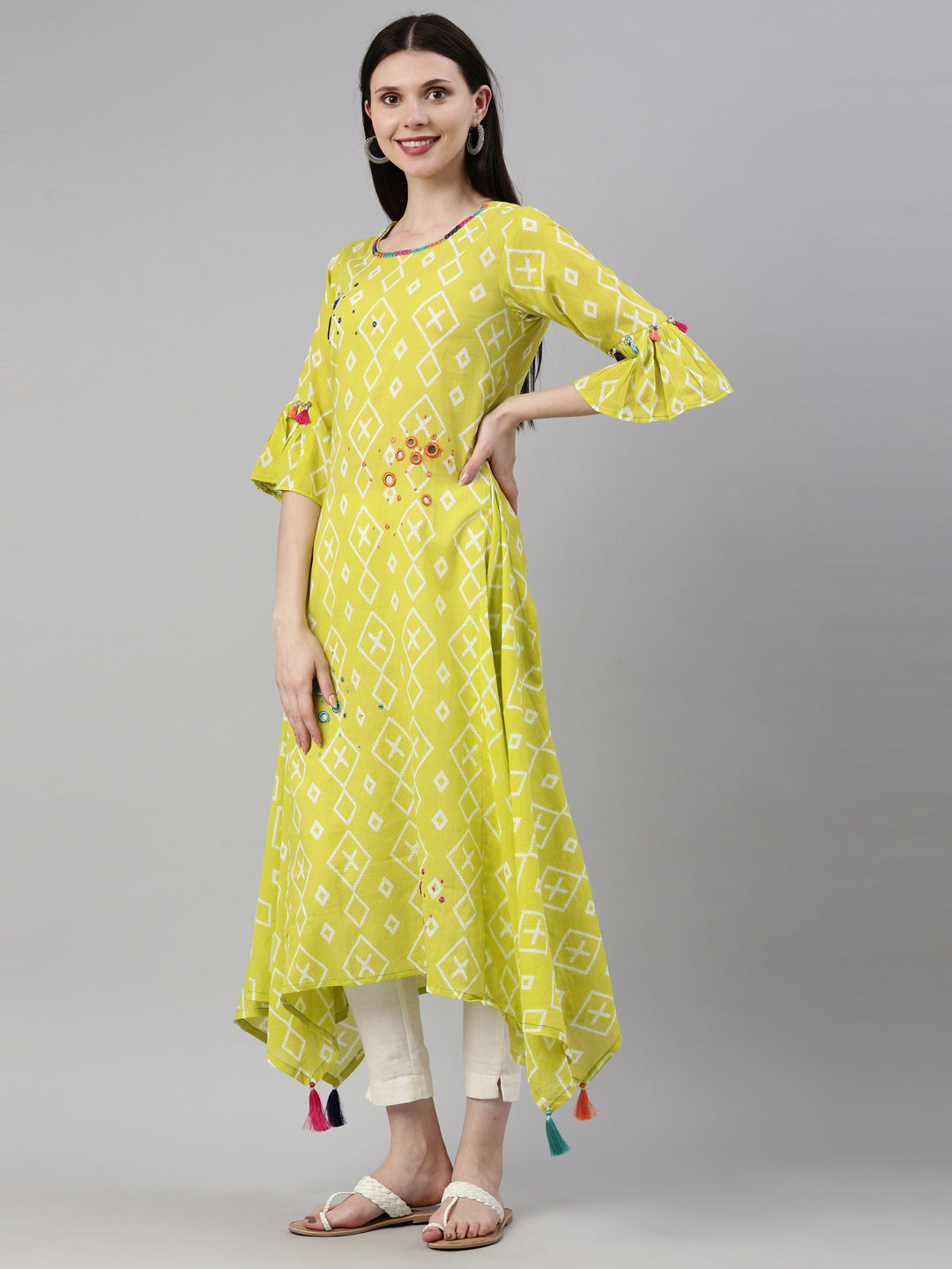 Neerus Lemon Color Mulmul Fabric Kurta