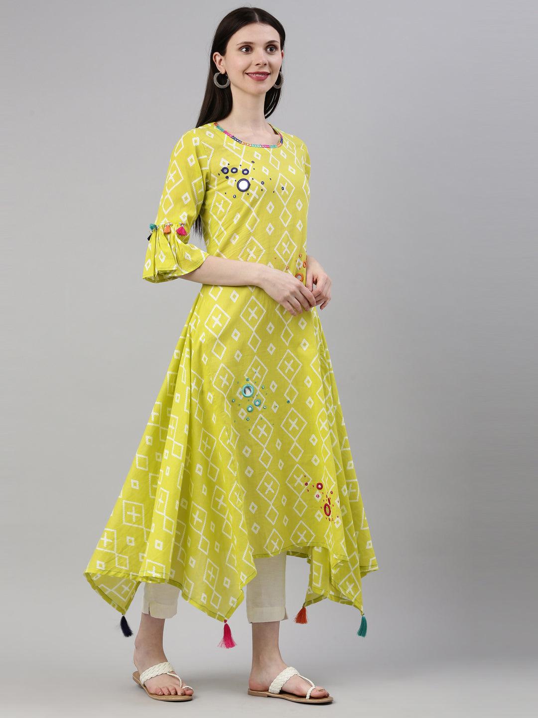 Neerus Lemon Color Mulmul Fabric Kurta
