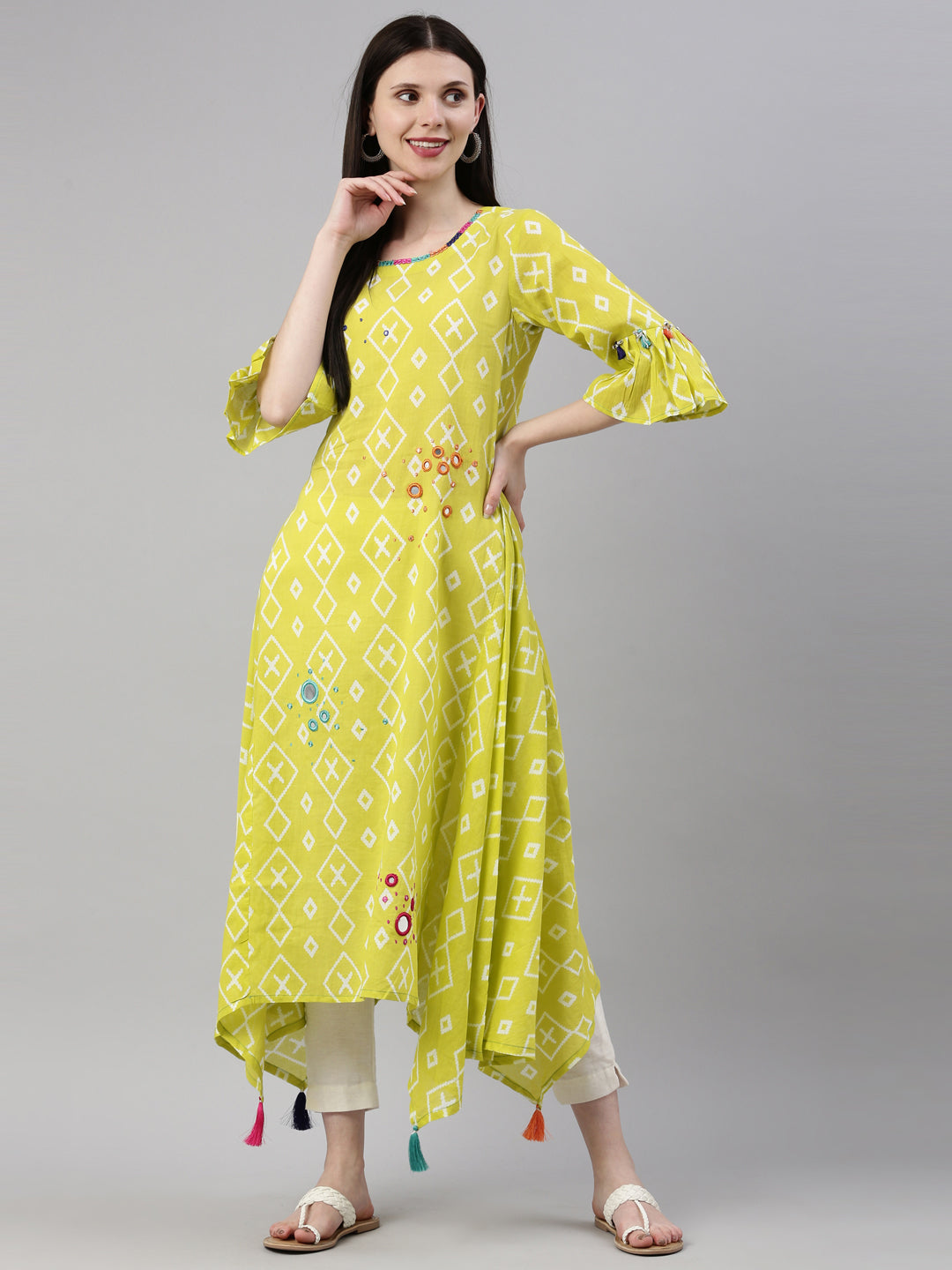 Neerus Lemon Color Mulmul Fabric Kurta