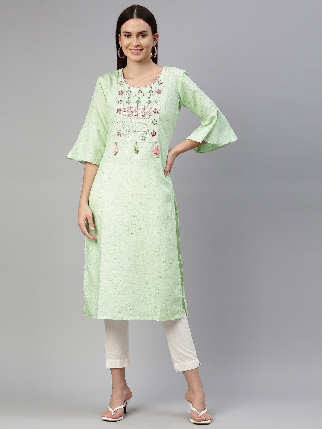 Neerus Green cotton woven kurti geometric yoke design - detail view 6