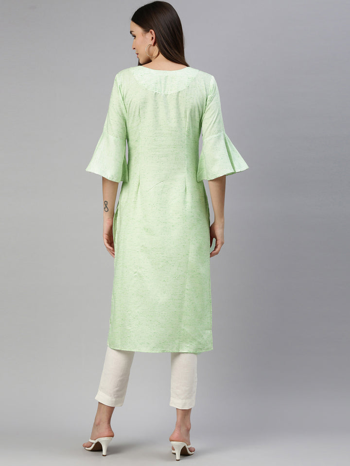 Neerus Green cotton woven kurti geometric yoke design - detail view 2