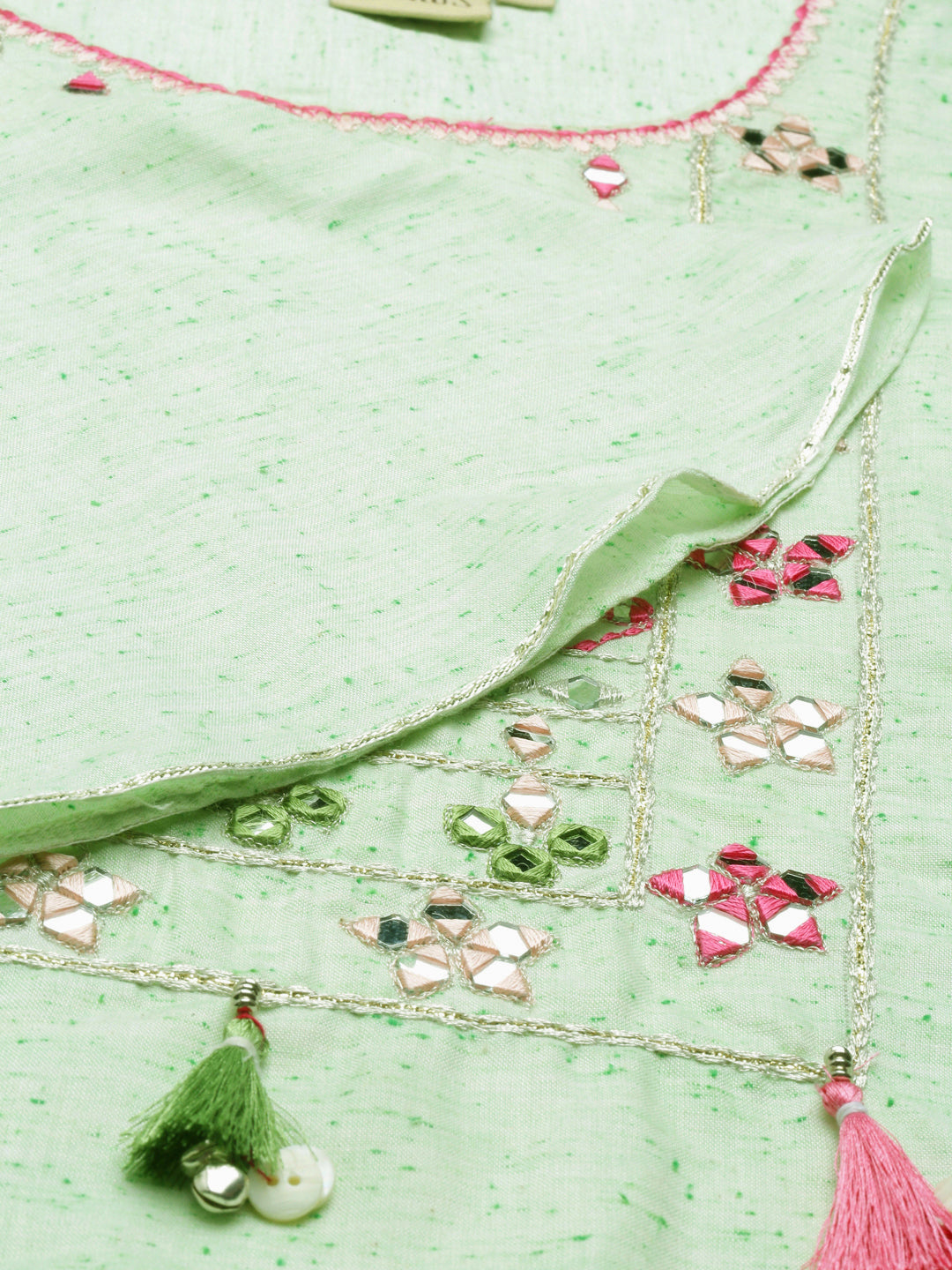 Neerus Green cotton woven kurti geometric yoke design - detail view 4