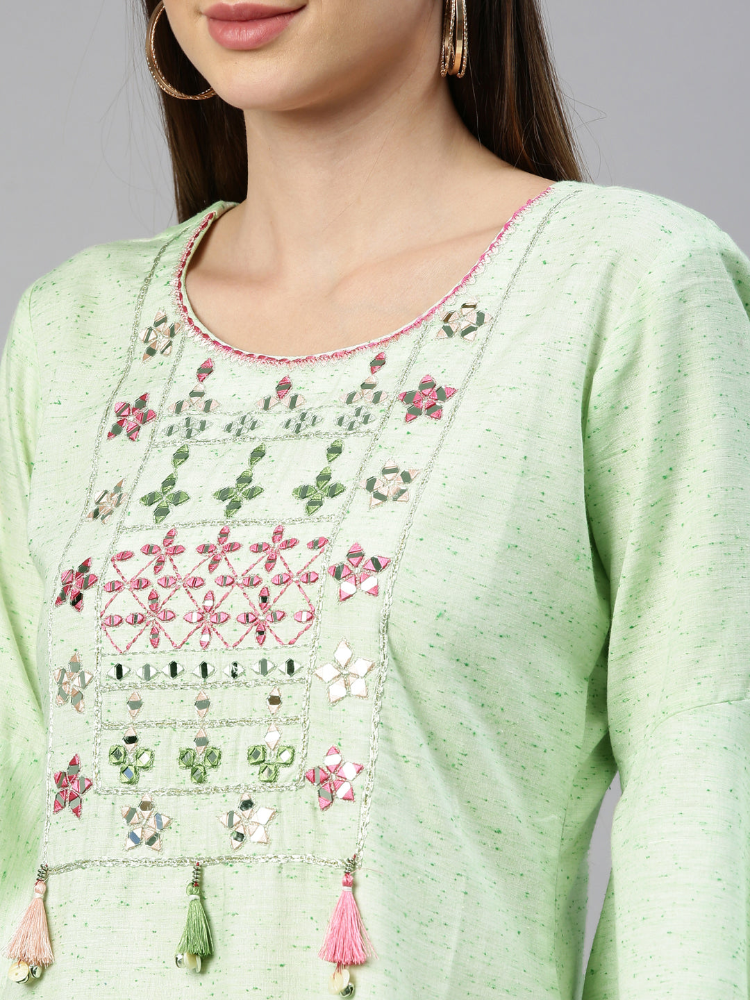 Neerus Green cotton woven kurti geometric yoke design - detail view 5