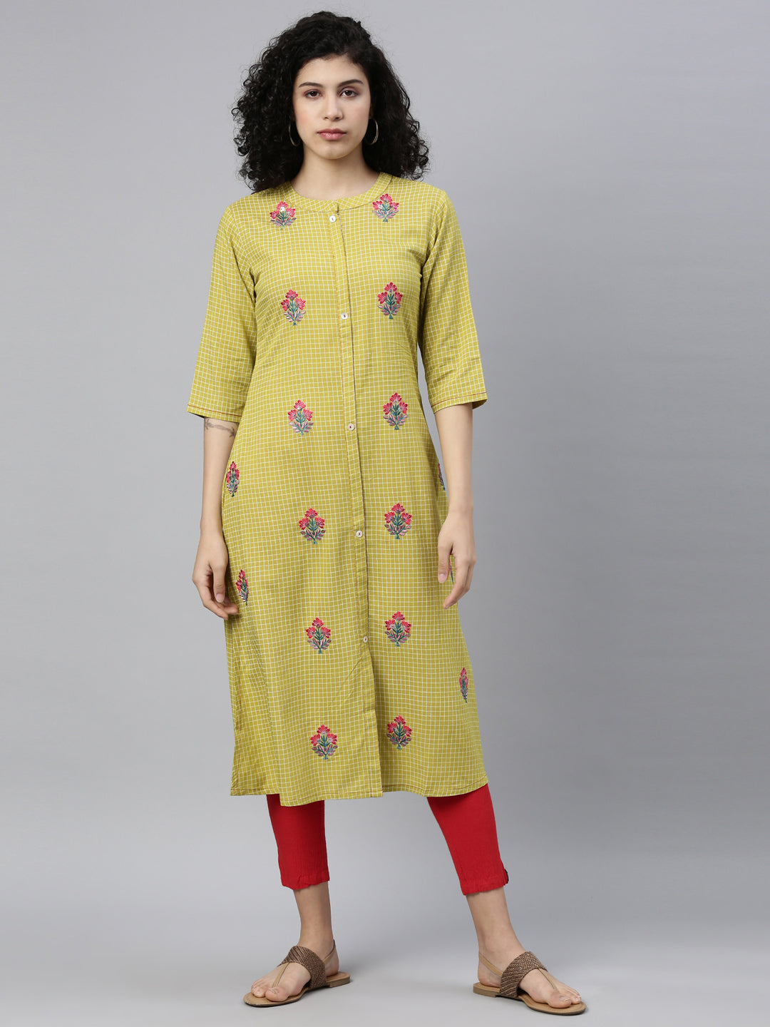 Neerus Green viscose rayon thread embroidered checked kurti - detail view 5