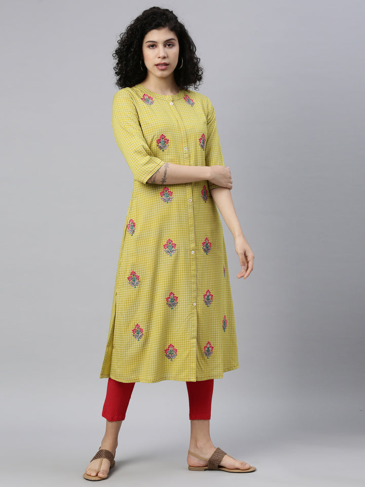 Neerus Green viscose rayon thread embroidered checked kurti - front view