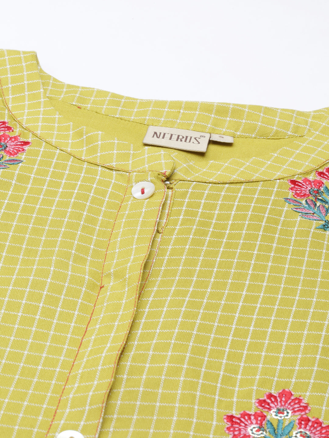 Neerus Green viscose rayon thread embroidered checked kurti - detail view 3