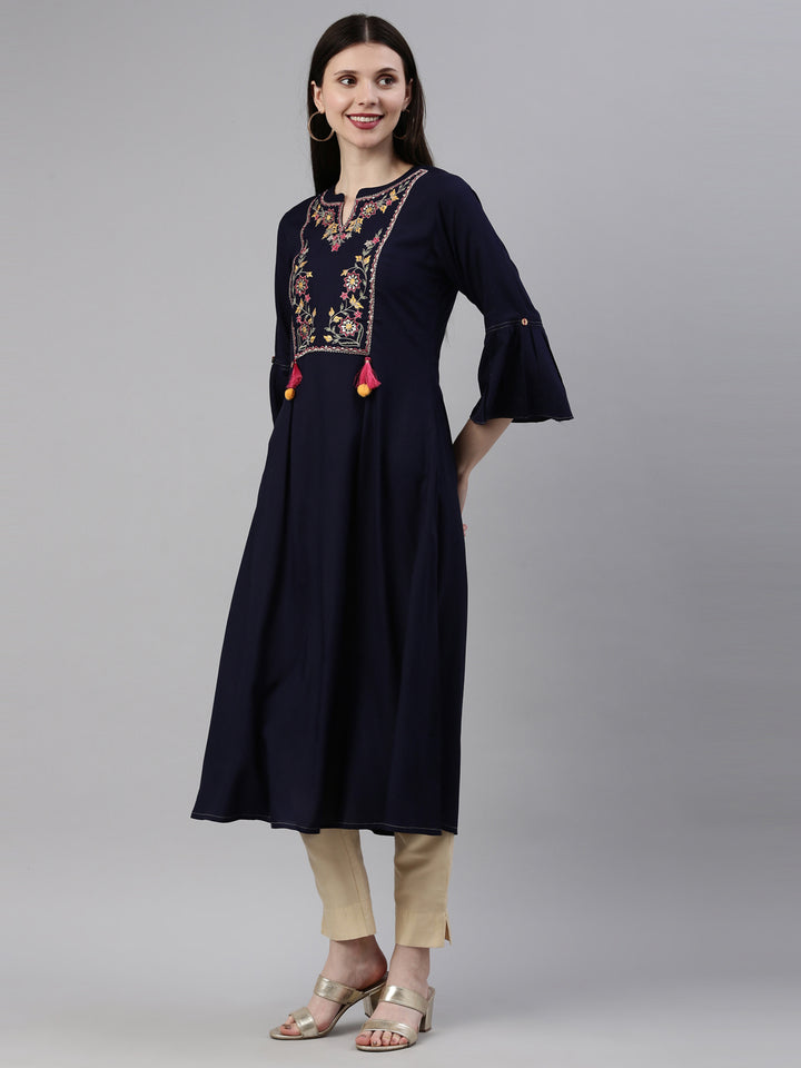 Neerus Navy Blue Color Rayon Fabric Kurta