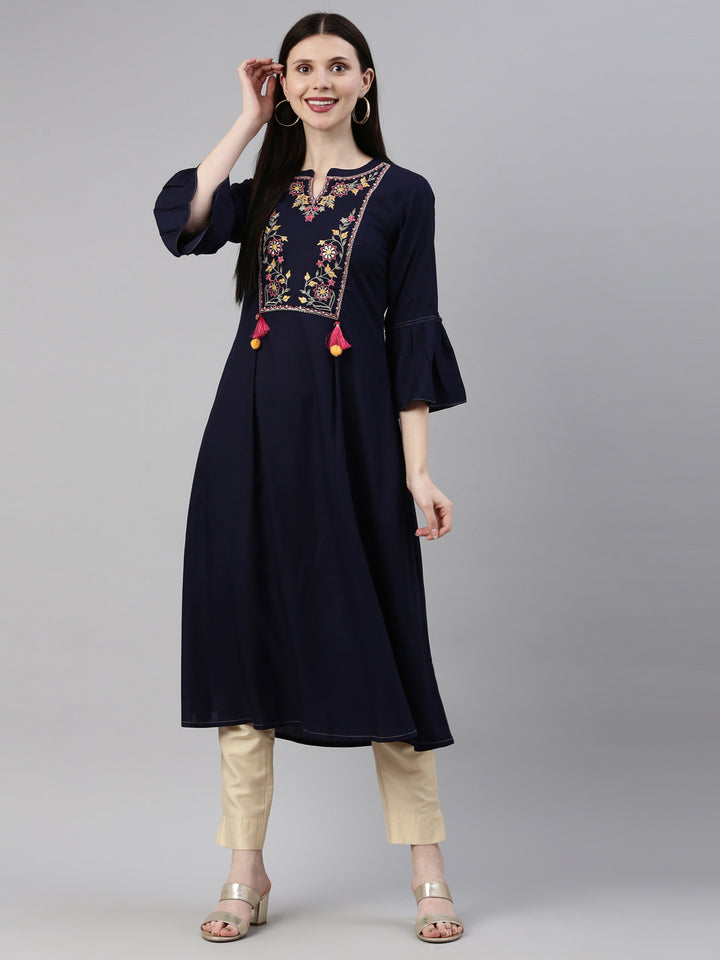 Neerus Navy Blue Color Rayon Fabric Kurta