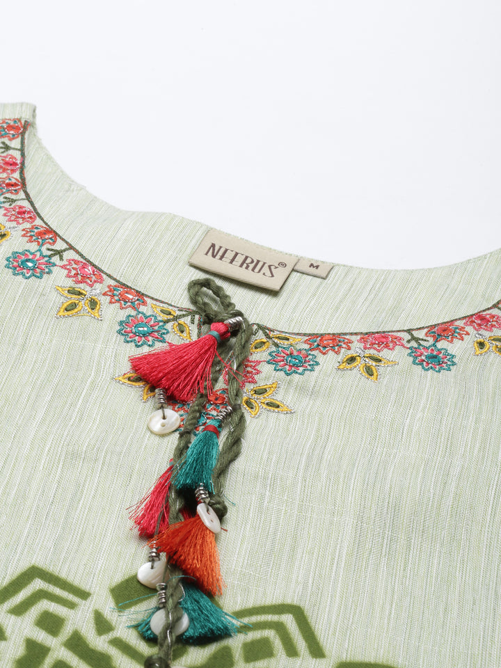 Neerus Pista Color Handloom Fabric Kurta