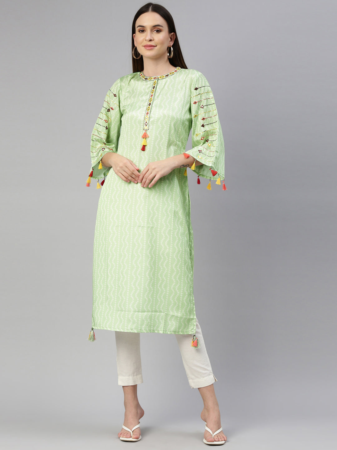 Neerus Green crepe mirror work kurti - detail view 6