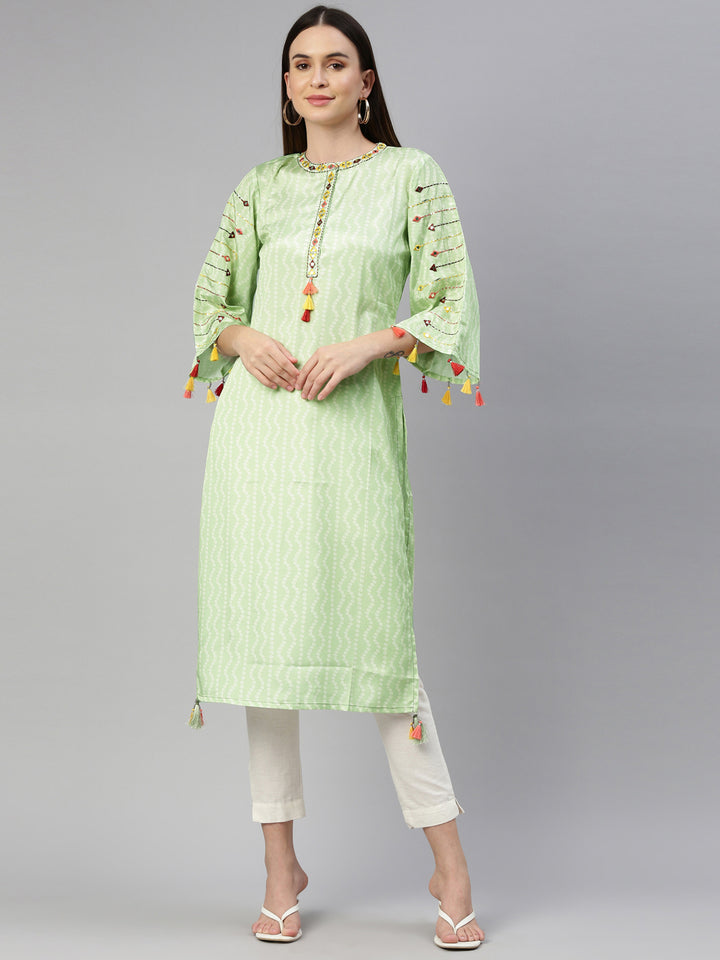 Neerus Green crepe mirror work kurti - detail view 6