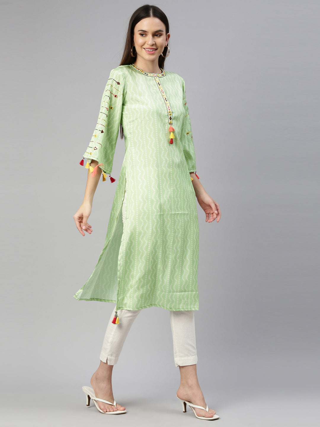 Neerus Green crepe mirror work kurti - detail view 1