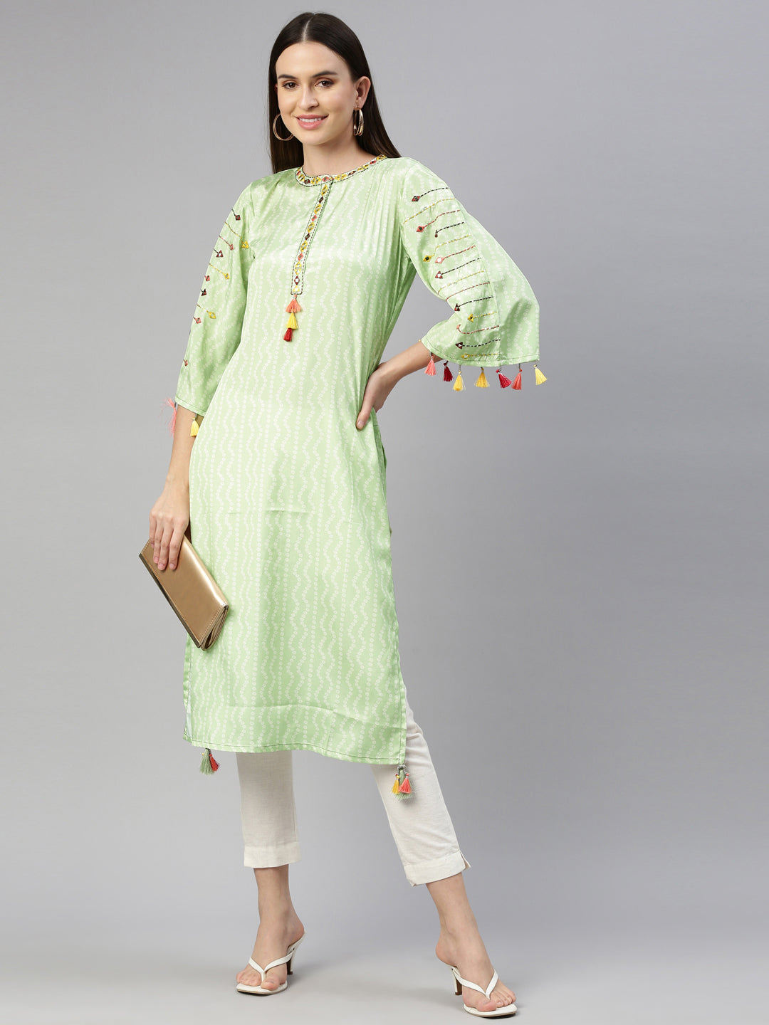 Neerus Green crepe mirror work kurti - detail view 3