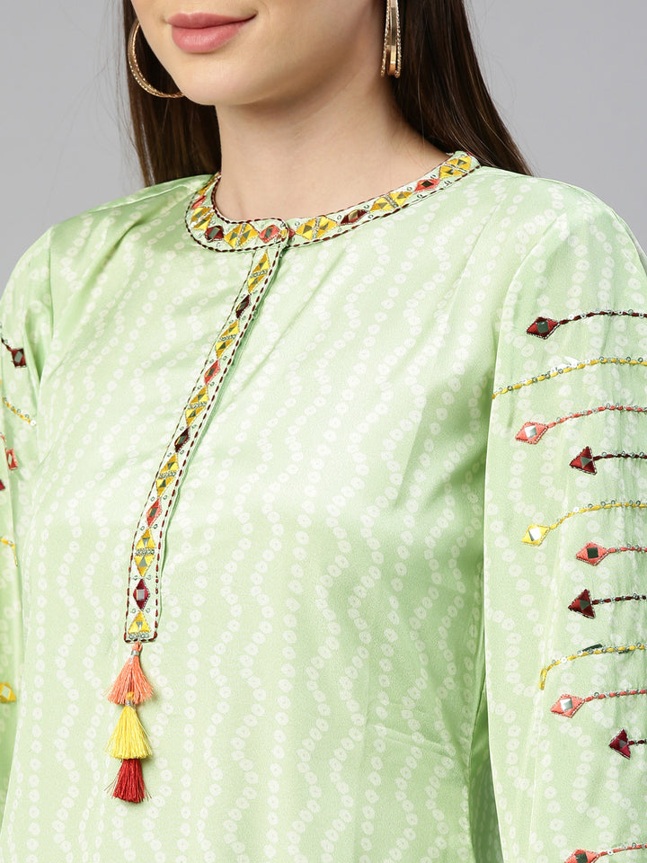 Neerus Green crepe mirror work kurti - detail view 5