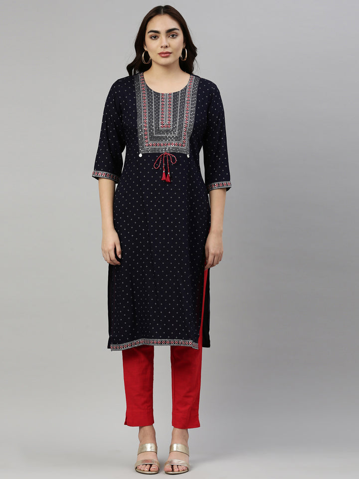 Neerus Blue Viscose Rayon Printed Kurta - front view