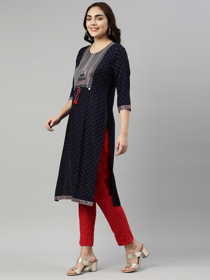 Neerus Blue Viscose Rayon Printed Kurta - side view
