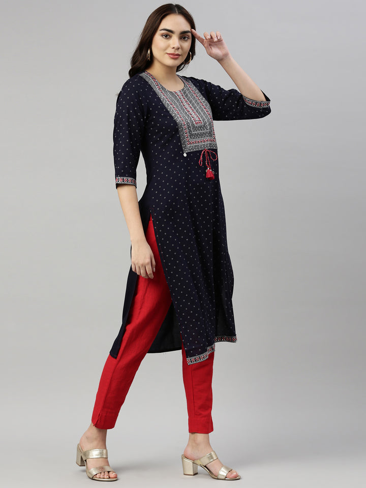 Neerus Blue Viscose Rayon Printed Kurta - detail view 1