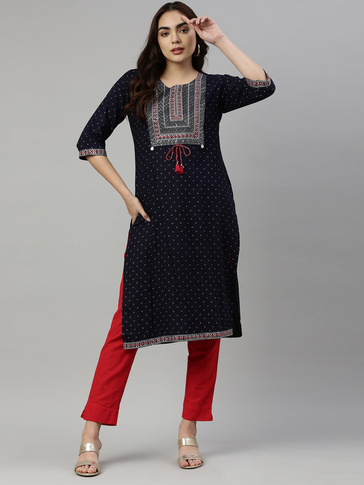 Neerus Blue Viscose Rayon Printed Kurta - detail view 3