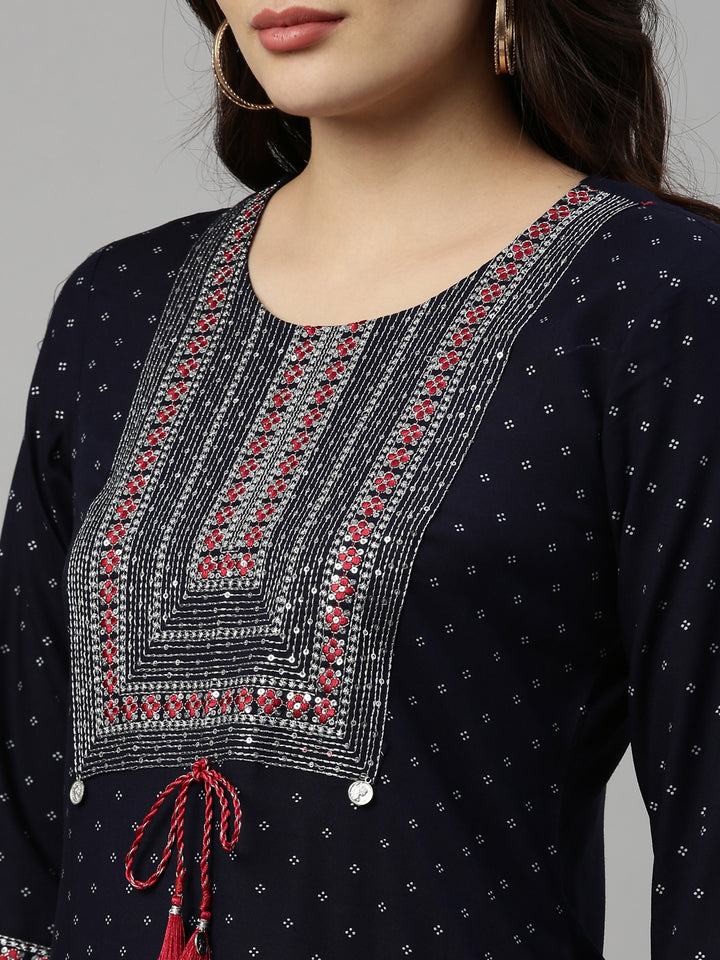 Neerus Blue Viscose Rayon Printed Kurta - detail view 5