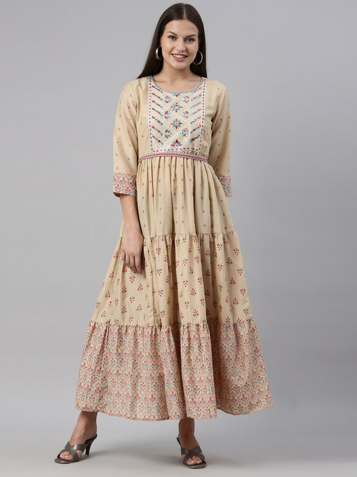 Neerus Beige Color Muslin Fabric Kurta