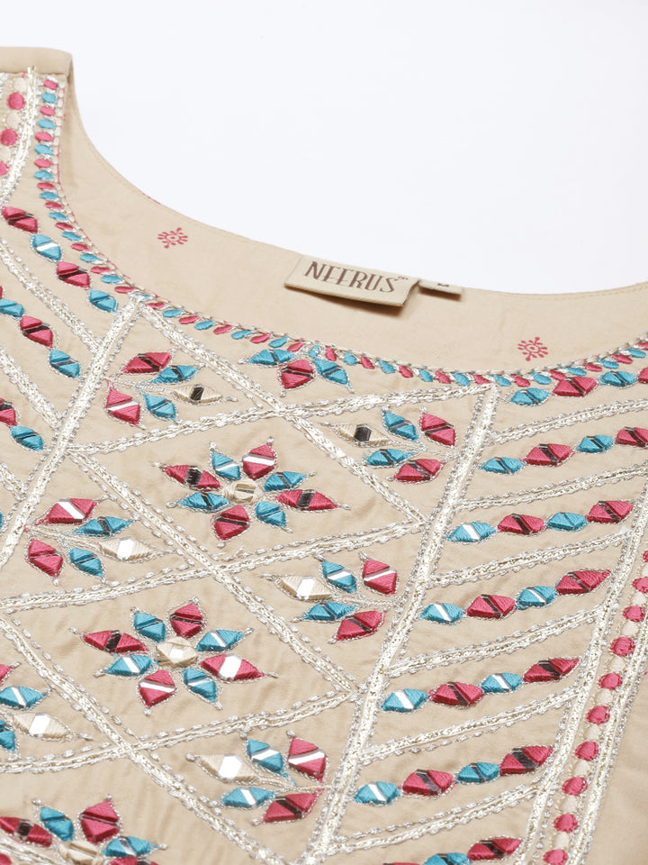 Neerus Beige Color Muslin Fabric Kurta