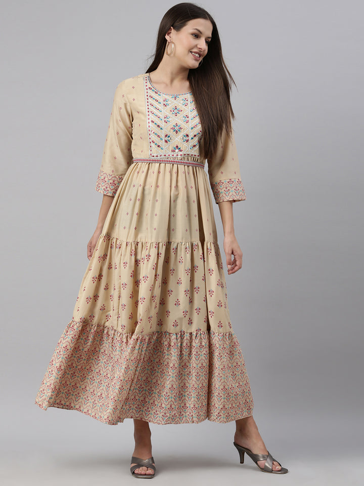 Neerus Beige Color Muslin Fabric Kurta