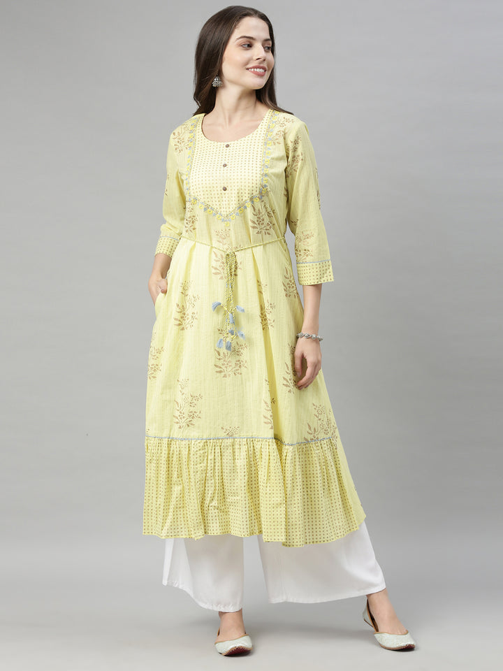 Neerus Yellow Printed A Line Kurta