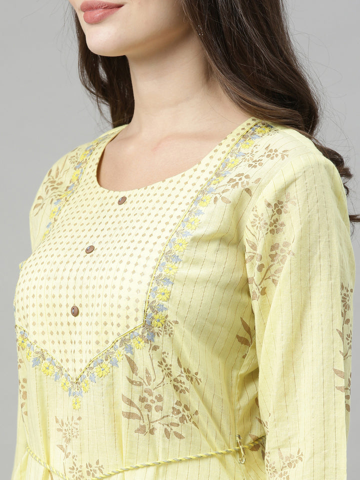 Neerus Yellow Printed A Line Kurta