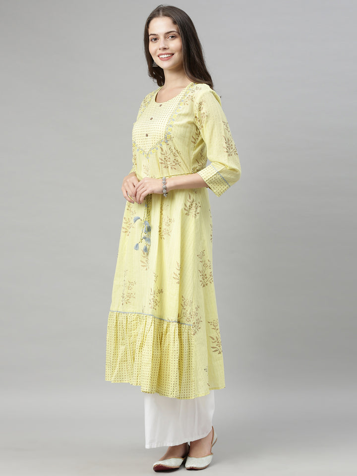 Neerus Yellow Printed A Line Kurta