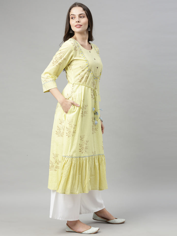 Neerus Yellow Printed A Line Kurta