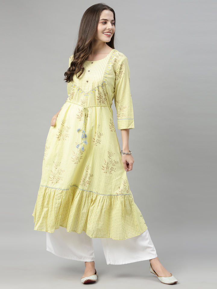 Neerus Yellow Printed A Line Kurta