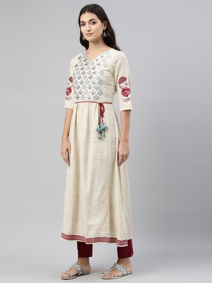 Neerus Beige Color Cotton Fabric Tunic