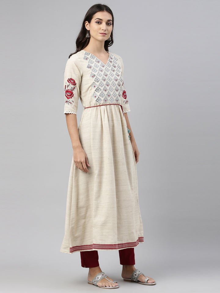 Neerus Beige Color Cotton Fabric Tunic