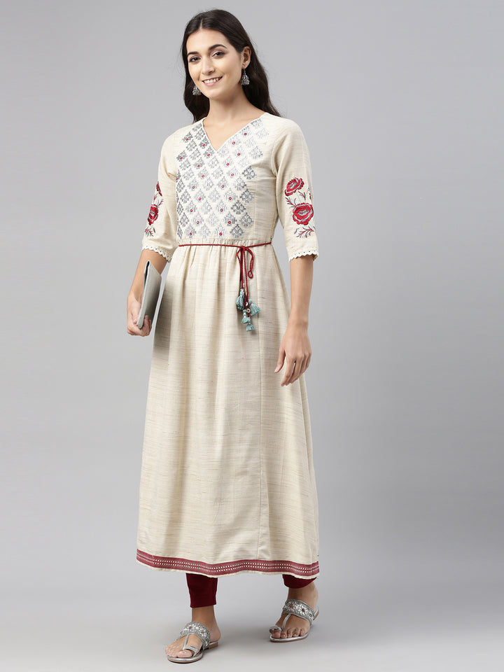 Neerus Beige Color Cotton Fabric Tunic