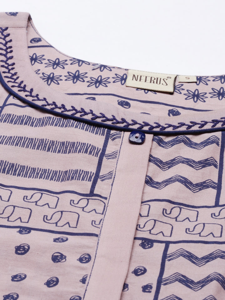 Neerus Onion Color Cotton Fabric Tunic