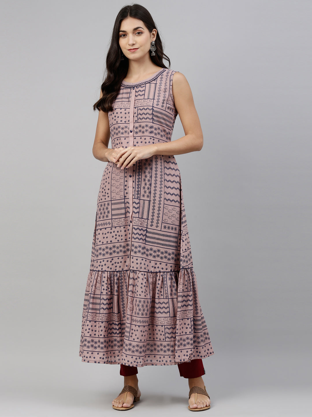 Neerus Onion Color Cotton Fabric Tunic