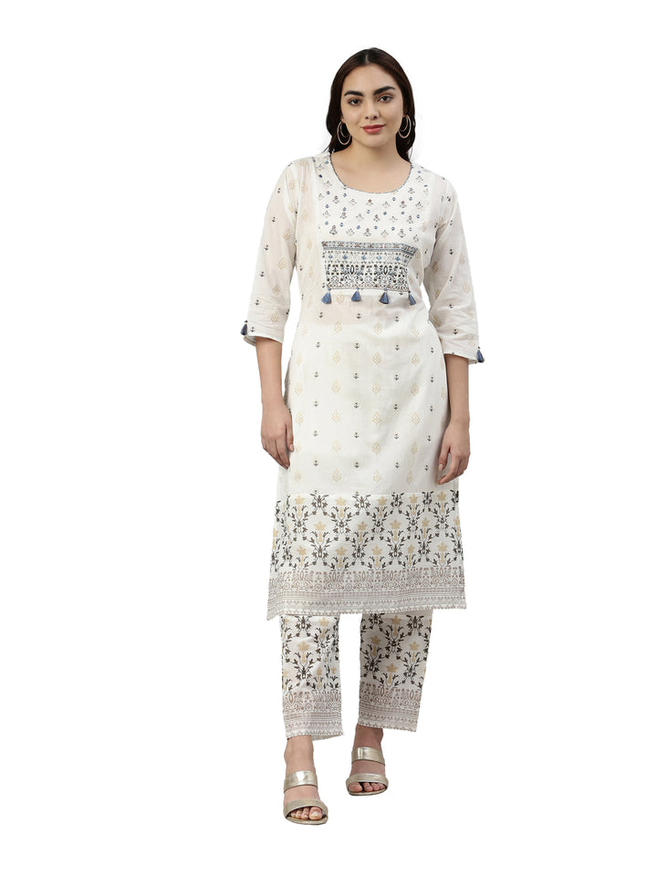 Neerus White cotton printed kurta set - front view