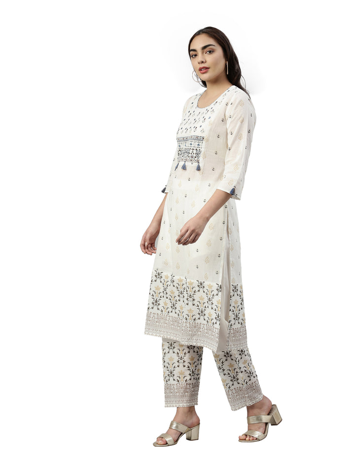 Neerus White cotton printed kurta set - back view