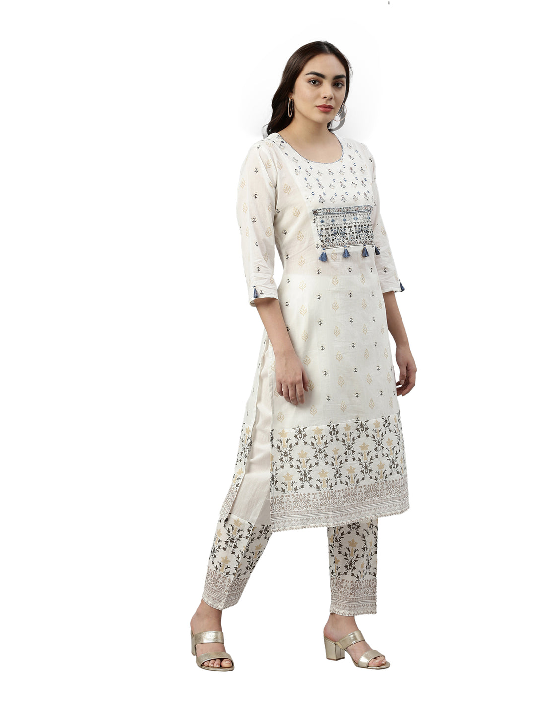 Neerus White cotton printed kurta set - side view