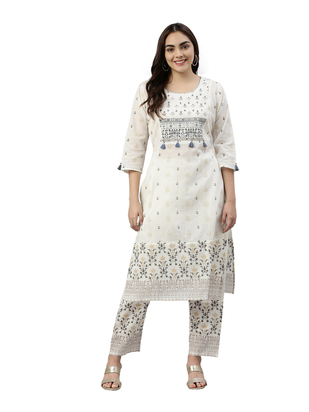 Neerus White cotton printed kurta set - detail view 2