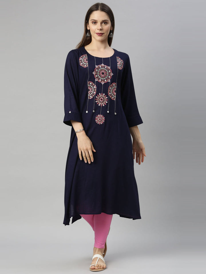 Neerus Navy Blue Color Slub Riyon Fabric Tunic
