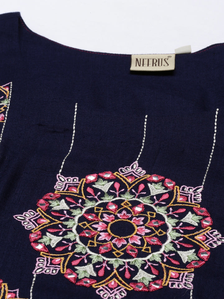 Neerus Navy Blue Color Slub Riyon Fabric Tunic