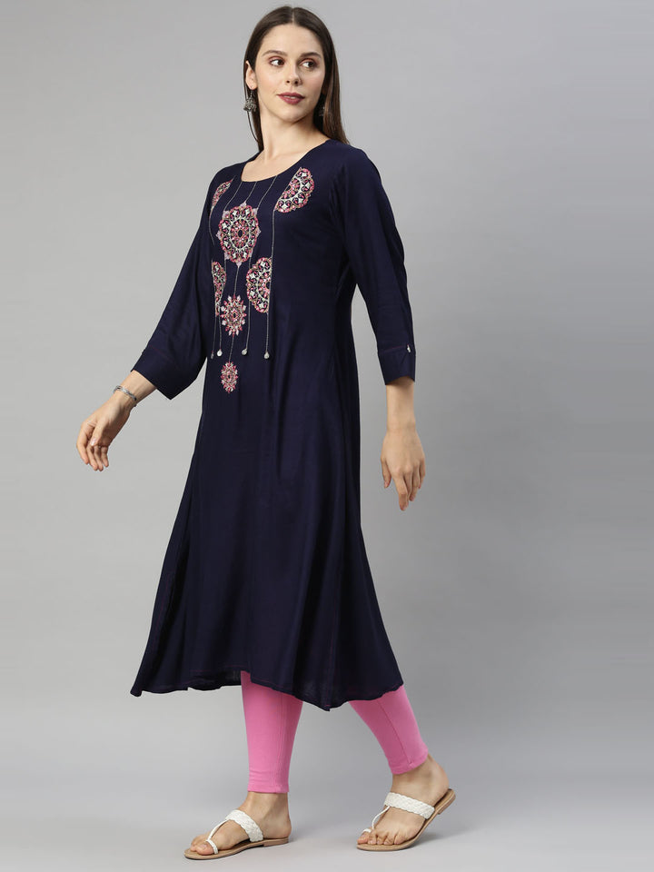 Neerus Navy Blue Color Slub Riyon Fabric Tunic