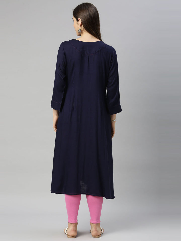Neerus Navy Blue Color Slub Riyon Fabric Tunic