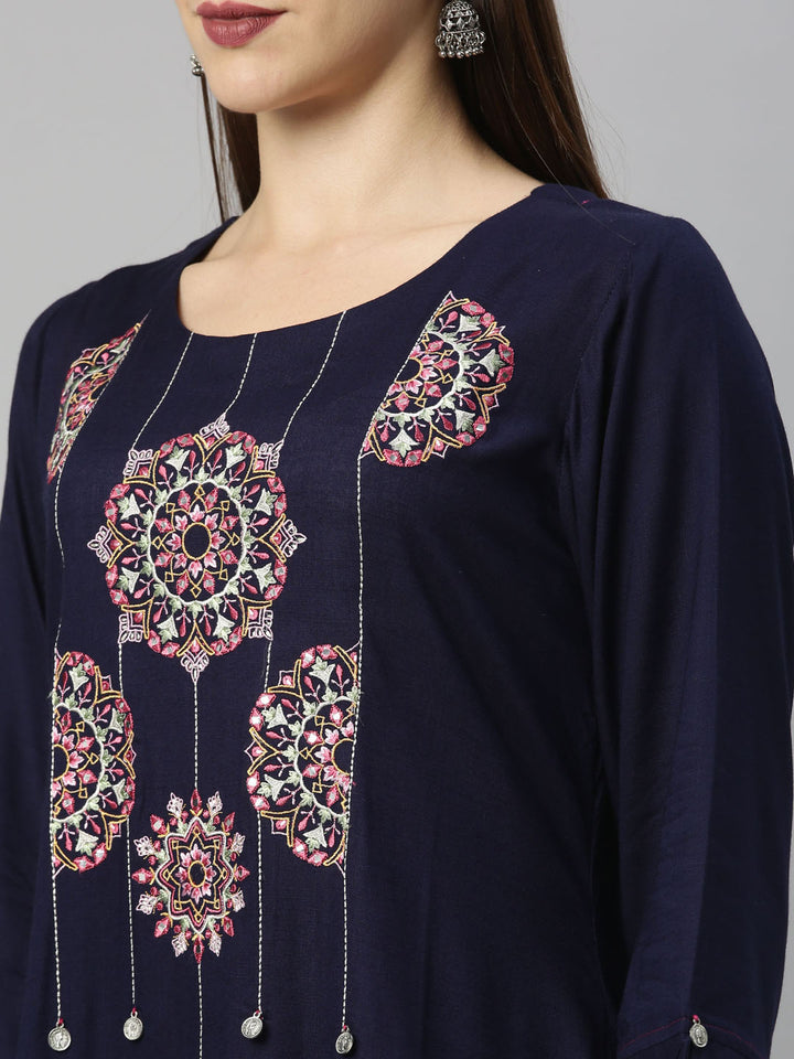 Neerus Navy Blue Color Slub Riyon Fabric Tunic