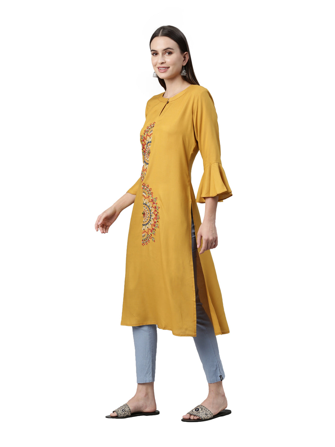 Neerus Mustard Color Rayon Fabric Kurta