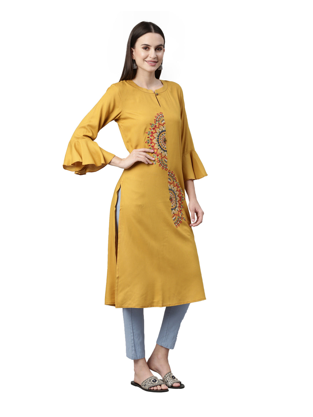 Neerus Mustard Color Rayon Fabric Kurta