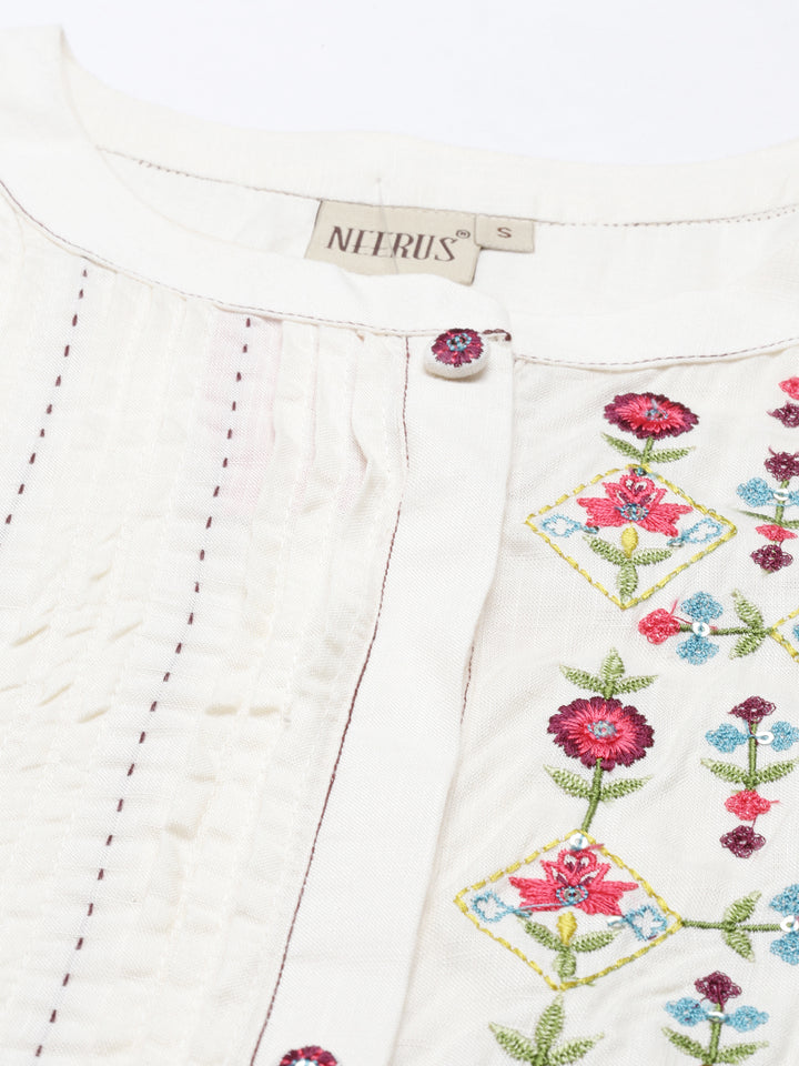 Neerus Cream Color Slub Riyon Fabric Tunic