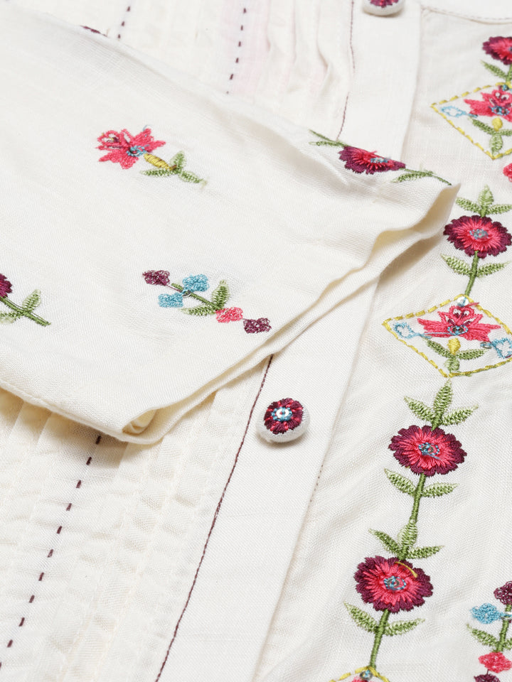 Neerus Cream Color Slub Riyon Fabric Tunic